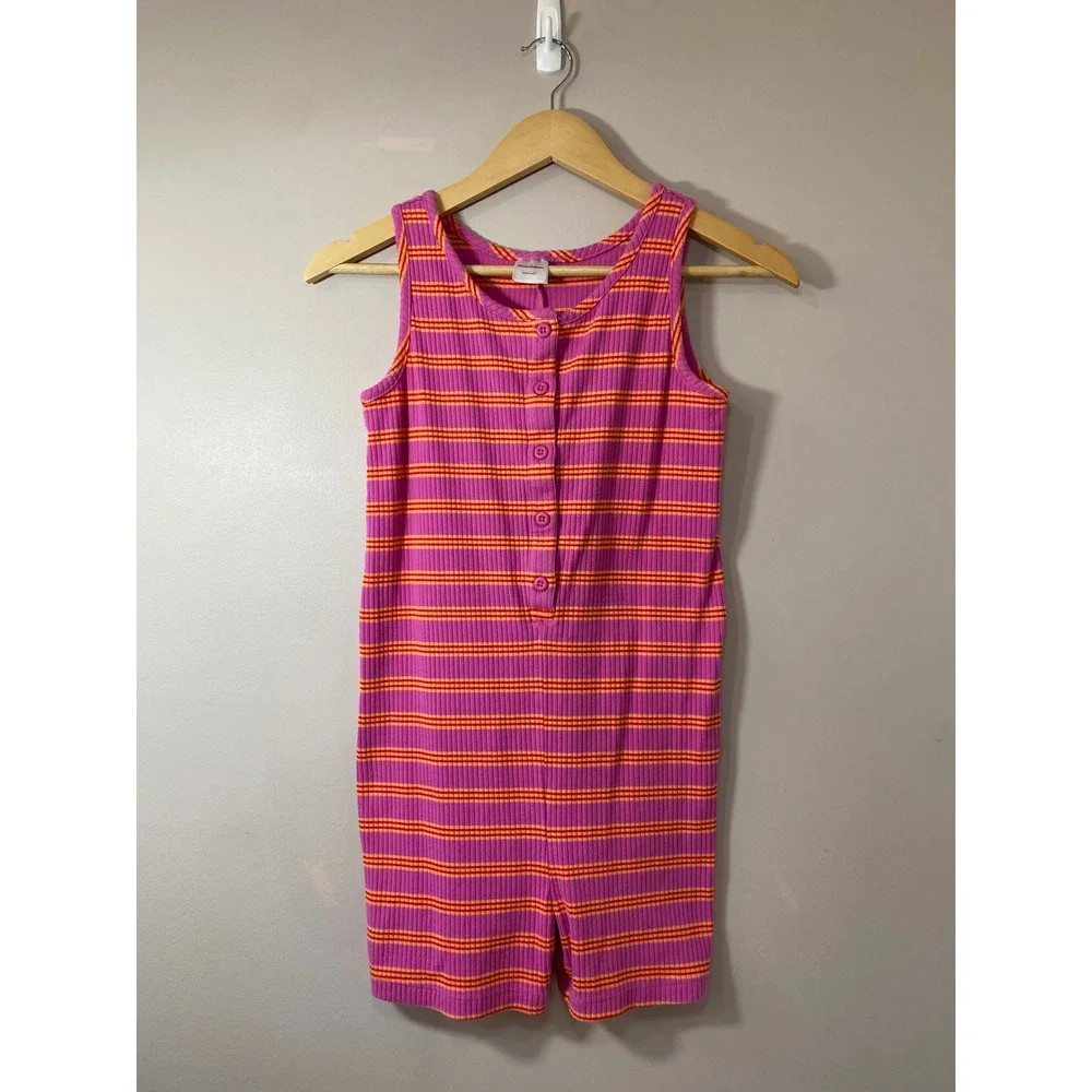 Hanna Andersson Girls Ribbed Striped Romper Jumpsuit Pink Orange Button Up Sz 12